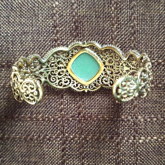 Vintage 1950s Chinese Export Green Jade Sterling Gold Vermeil Filigree Bracelet - Picture 8 of 13